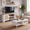 Living Room Table Sets of 2, Includes 47 Rattan TV Stand Storage Cabinet for 55 TV, Farmhouse Coffee Table with Storage Shelf for Bedroom