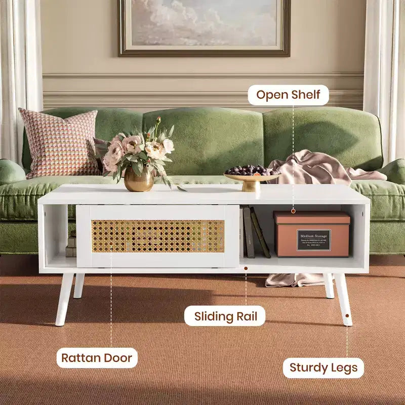 Set di 2 Tavolini da Salotto, Include Mobile TV in Rattan da 120 cm con Mobile Contenitore per TV da 55", Tavolino da Caffè Rustico con Ripiano per Camera da Letto