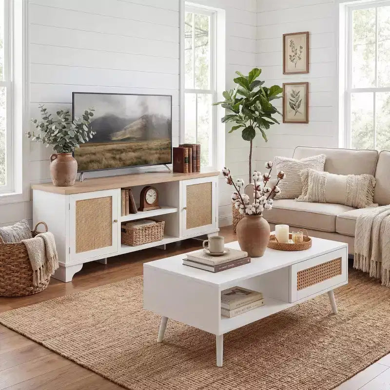 Set di 2 Tavolini da Salotto, Include Mobile TV in Rattan da 120 cm con Mobile Contenitore per TV da 55", Tavolino da Caffè Rustico con Ripiano per Camera da Letto