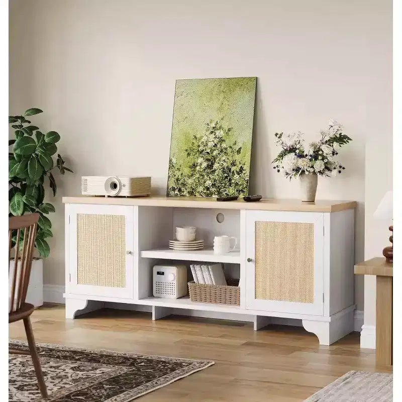 Set di 2 Tavolini da Salotto, Include Mobile TV in Rattan da 120 cm con Mobile Contenitore per TV da 55", Tavolino da Caffè Rustico con Ripiano per Camera da Letto