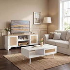 Set di 2 Tavolini da Salotto, Include Mobile TV in Rattan da 120 cm con Mobile Contenitore per TV da 55", Tavolino da Caffè Rustico con Ripiano per Camera da Letto