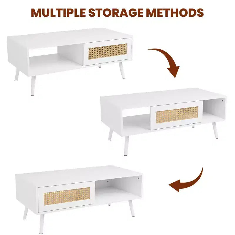 Set di 2 Tavolini da Salotto, Include Mobile TV in Rattan da 120 cm con Mobile Contenitore per TV da 55", Tavolino da Caffè Rustico con Ripiano per Camera da Letto