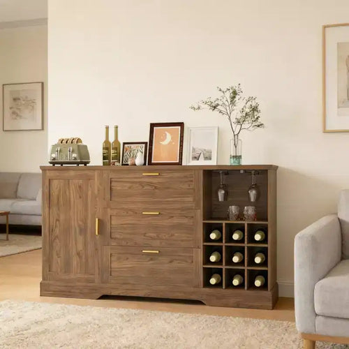 63 Farmhouse Sideboard Buffet, Coffee Bar with Adjustable Shelves & Wine Racks for Kitchen