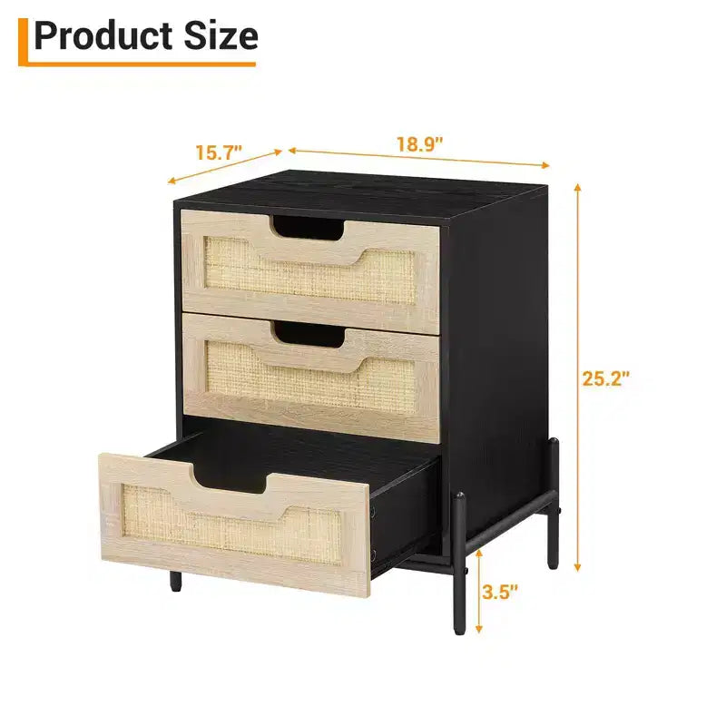 Comodino in Rattan, Comodino Boho in Vimini con Gambe in Metallo, Tavolino Moderno Intrecciato per Piccoli Spazi, Tavolino Autoportante per Camera da Letto