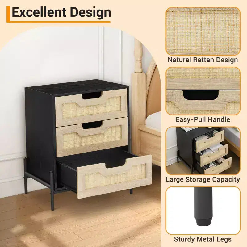 Comodino in Rattan, Comodino Boho in Vimini con Gambe in Metallo, Tavolino Moderno Intrecciato per Piccoli Spazi, Tavolino Autoportante per Camera da Letto