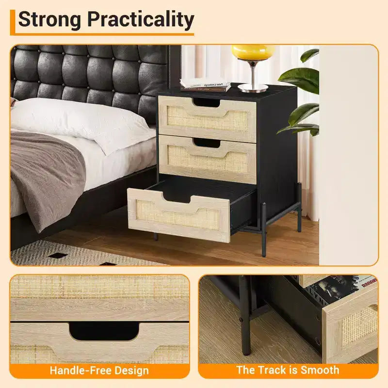 Comodino in Rattan, Comodino Boho in Vimini con Gambe in Metallo, Tavolino Moderno Intrecciato per Piccoli Spazi, Tavolino Autoportante per Camera da Letto