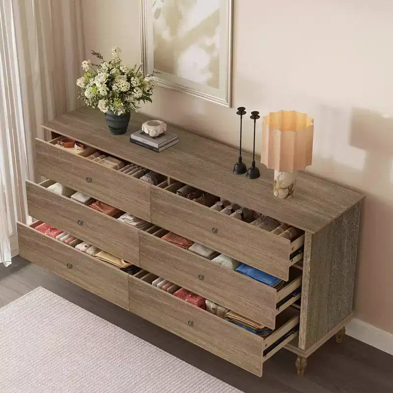 GDFStudio Bashir Armadietto contenitore moderno in legno da 63" con 6 cassetti e maniglie in metallo color rame