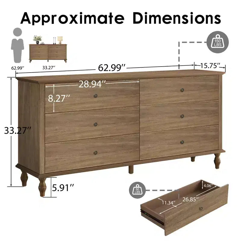 GDFStudio Bashir Armadietto contenitore moderno in legno da 63" con 6 cassetti e maniglie in metallo color rame