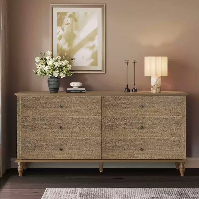 GDFStudio Bashir Armadietto contenitore moderno in legno da 63" con 6 cassetti e maniglie in metallo color rame