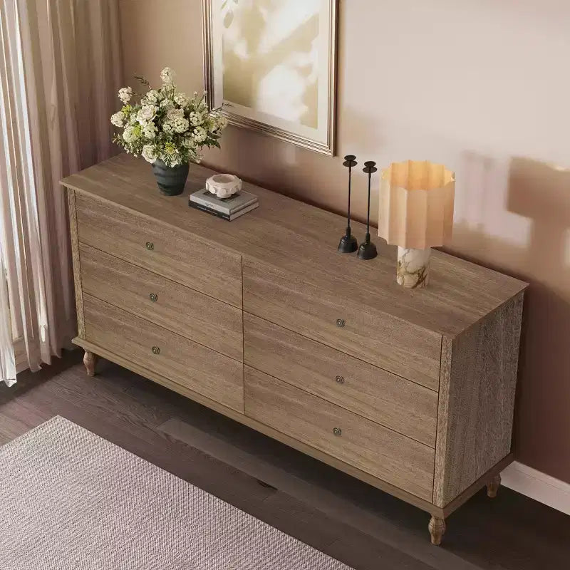 GDFStudio Bashir Armadietto contenitore moderno in legno da 63" con 6 cassetti e maniglie in metallo color rame