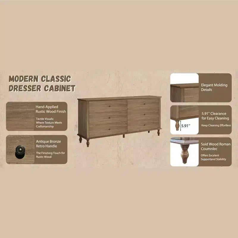 GDFStudio Bashir Armadietto contenitore moderno in legno da 63" con 6 cassetti e maniglie in metallo color rame
