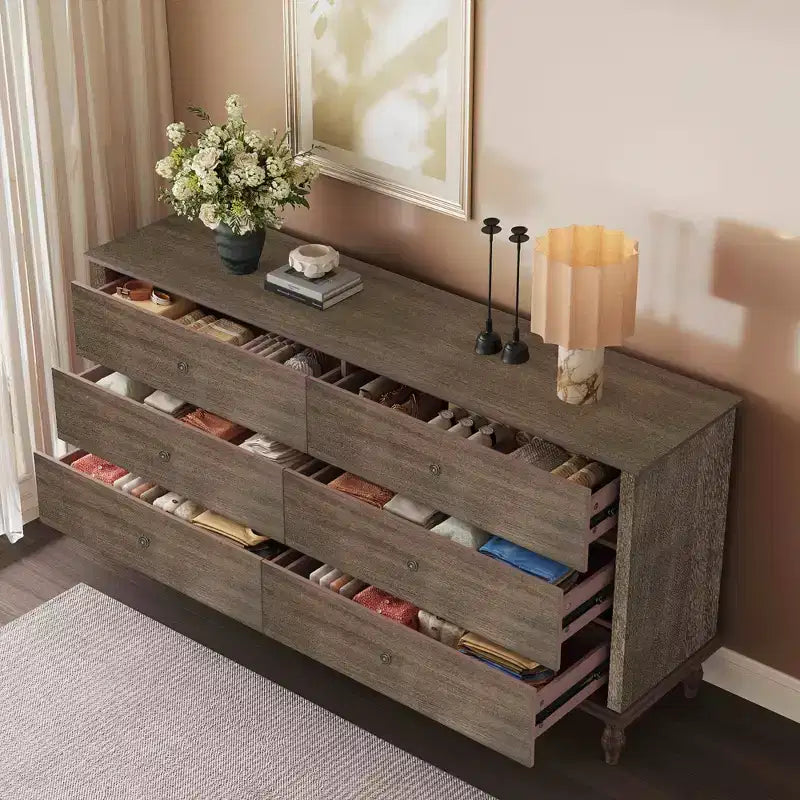 GDFStudio Bashir Armadietto contenitore moderno in legno da 63" con 6 cassetti e maniglie in metallo color rame