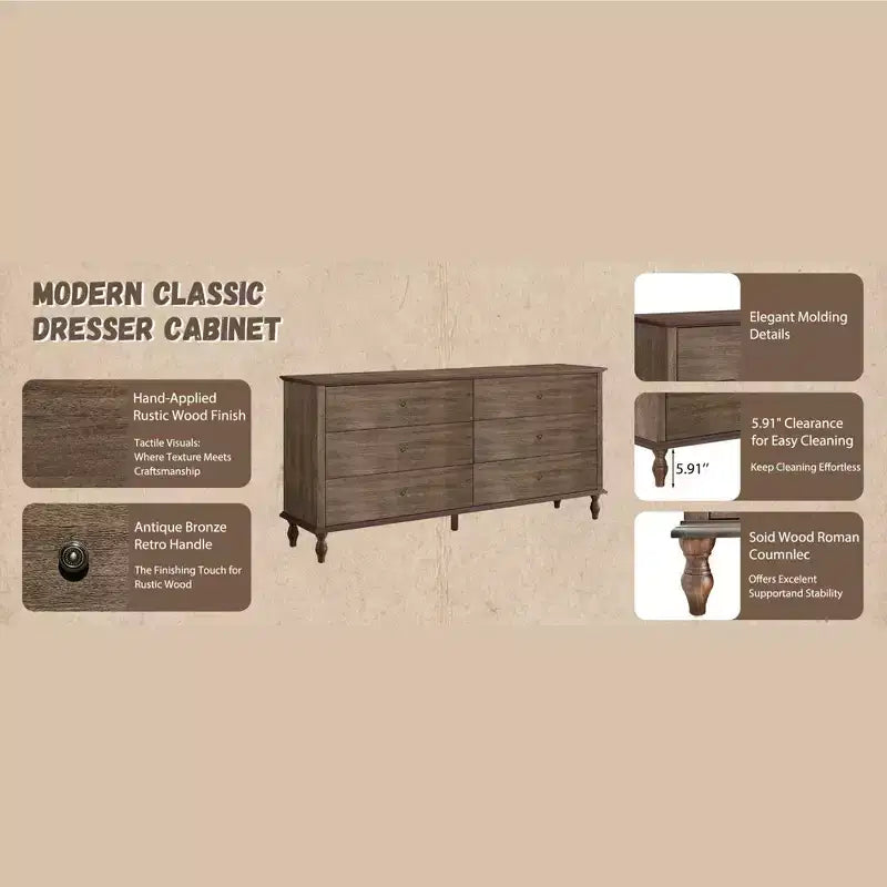 GDFStudio Bashir Armadietto contenitore moderno in legno da 63" con 6 cassetti e maniglie in metallo color rame