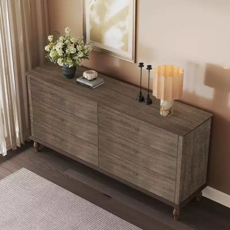 GDFStudio Bashir Armadietto contenitore moderno in legno da 63" con 6 cassetti e maniglie in metallo color rame