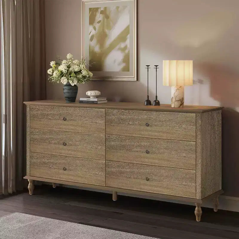 GDFStudio Bashir Armadietto contenitore moderno in legno da 63" con 6 cassetti e maniglie in metallo color rame