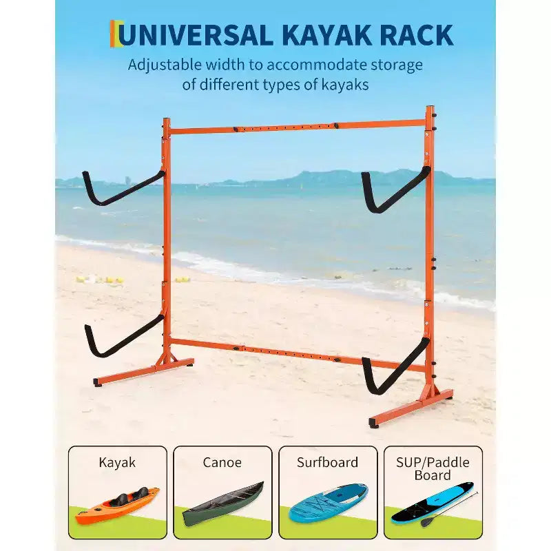 Porta Kayak Autoportante Resistente per 2 Kayak Supporto in Acciaio Regolabile con Bracci Imbottiti Adatto a Canoe, SUP, Tavole da Surf Max 79 kg