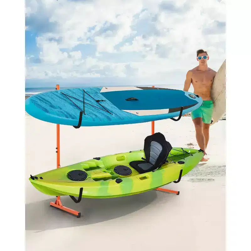 Porta Kayak Autoportante Resistente per 2 Kayak Supporto in Acciaio Regolabile con Bracci Imbottiti Adatto a Canoe, SUP, Tavole da Surf Max 79 kg