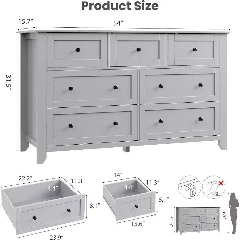 GustoWave Modern Cassettiera Grande a 7 Cassetti, Larga 137 cm, per Camera da Letto, Ingresso, Corridoio, Grigia