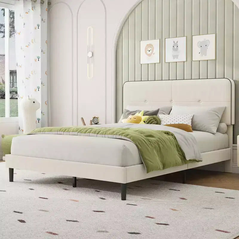 Velvet Upholstered Platform Bed with Adjustable Headboard, Wood Slat & Metal Support, No Box Spring Needed, Quiet & Easy Assembly