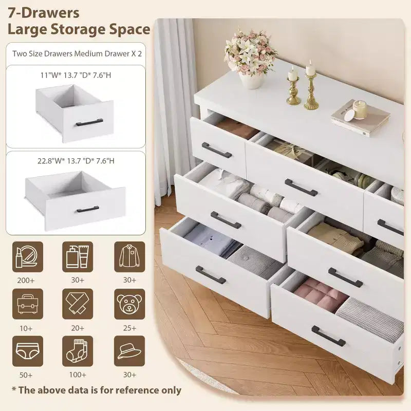 Cassettiera moderna a 7 cassetti in legno con maniglie in metallo, grande capacità di archiviazione, ideale per camera da letto, soggiorno, corridoio, cameretta dei bambini
