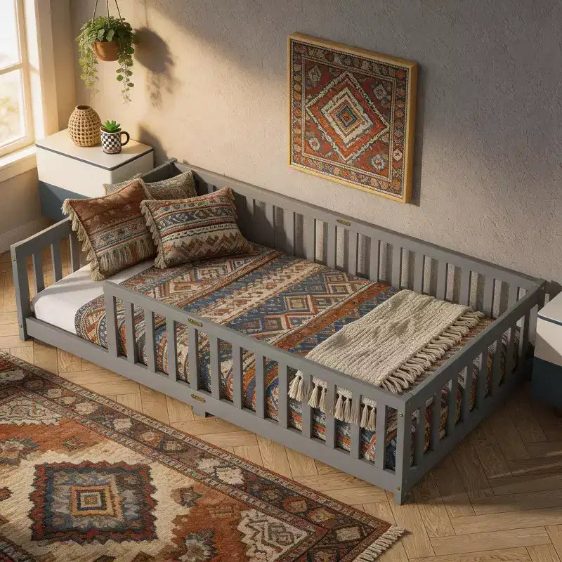 Letto a castello Sailvan con recinzione, struttura letto per bambini in legno massello di gomma