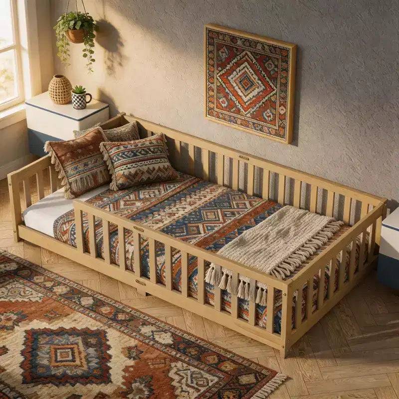 Letto a castello Sailvan con recinzione, struttura letto per bambini in legno massello di gomma