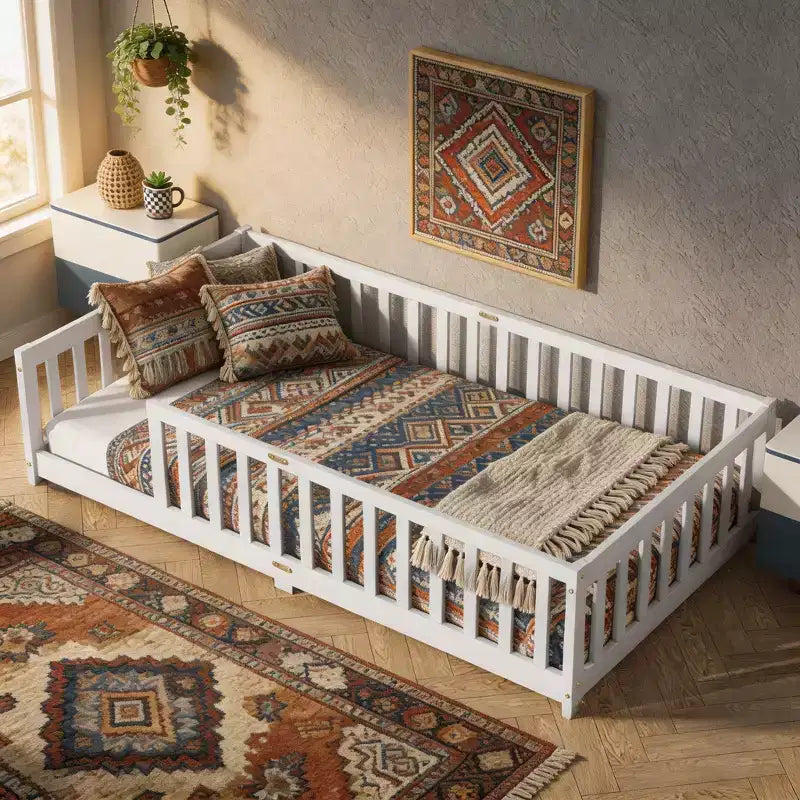 Letto a castello Sailvan con recinzione, struttura letto per bambini in legno massello di gomma