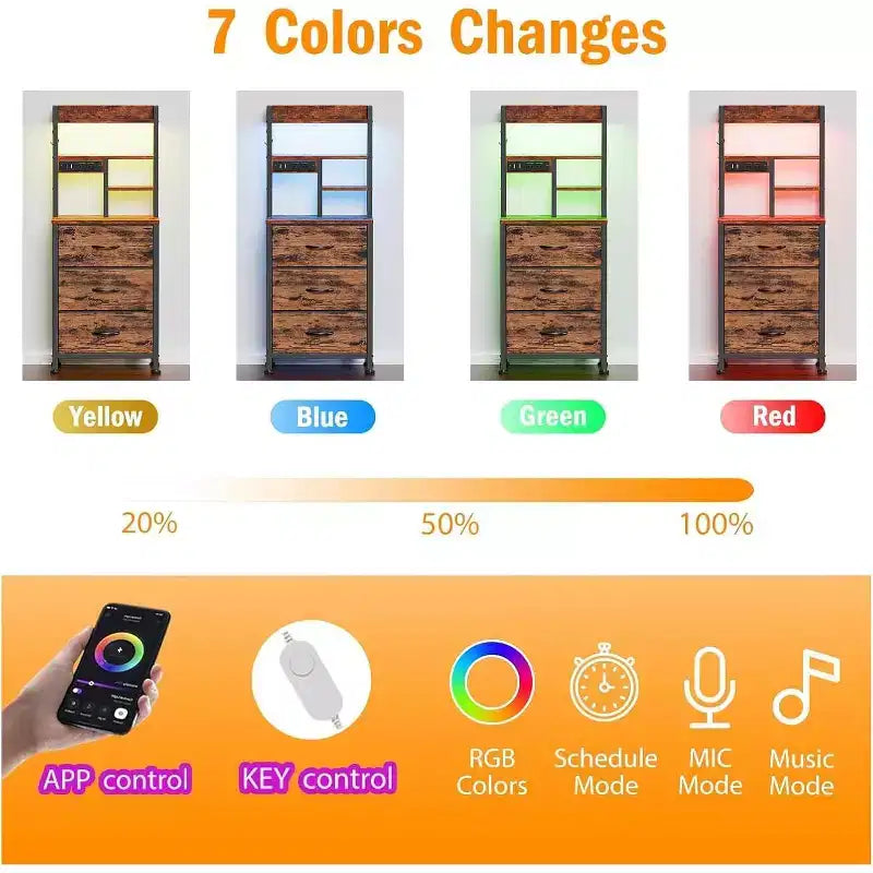 Comodino alto Qwatto da 45.3 pollici con stazione di ricarica USB e luce, comodino con 3 cassetti in tessuto, libreria per camera da letto piccola, dormitorio, finitura marrone