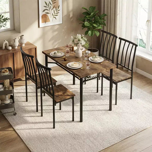5 Piece Modern Dining Table Set for 4, Wood & Metal Kitchen Table with Storage Rack and 4 Chairs, Space Saving for Breakfast Nook