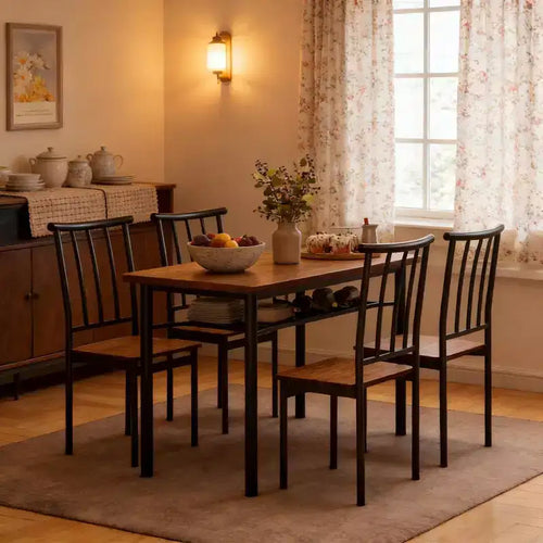 Set da Tavolo da Pranzo Moderno da 5 Pezzi per 4 Persone, Tavolo da Cucina in Legno e Metallo con Ripiano Contenitore e 4 Sedie, Salvaspazio per Angolo Colazione