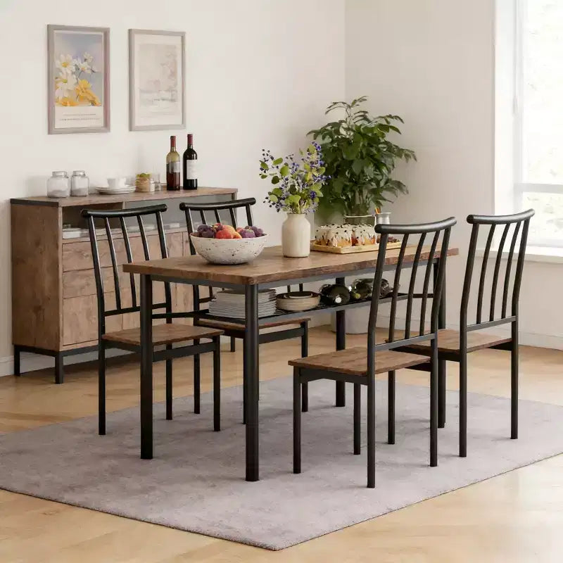 Set da Tavolo da Pranzo Moderno da 5 Pezzi per 4 Persone, Tavolo da Cucina in Legno e Metallo con Ripiano Contenitore e 4 Sedie, Salvaspazio per Angolo Colazione