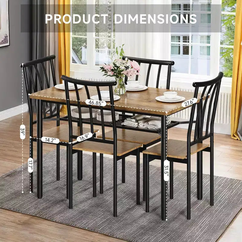 Set da Tavolo da Pranzo Moderno da 5 Pezzi per 4 Persone, Tavolo da Cucina in Legno e Metallo con Ripiano Contenitore e 4 Sedie, Salvaspazio per Angolo Colazione