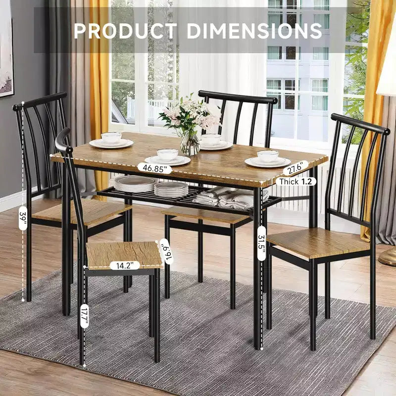 Set da Tavolo da Pranzo Moderno da 5 Pezzi per 4 Persone, Tavolo da Cucina in Legno e Metallo con Ripiano Contenitore e 4 Sedie, Salvaspazio per Angolo Colazione