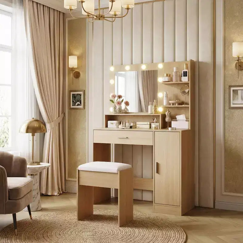 Toeletta da trucco con specchio HD e 10 lampadine a LED, stazione di ricarica, 3 modalità di illuminazione, supporto per asciugacapelli e sgabello imbottito per camera da letto