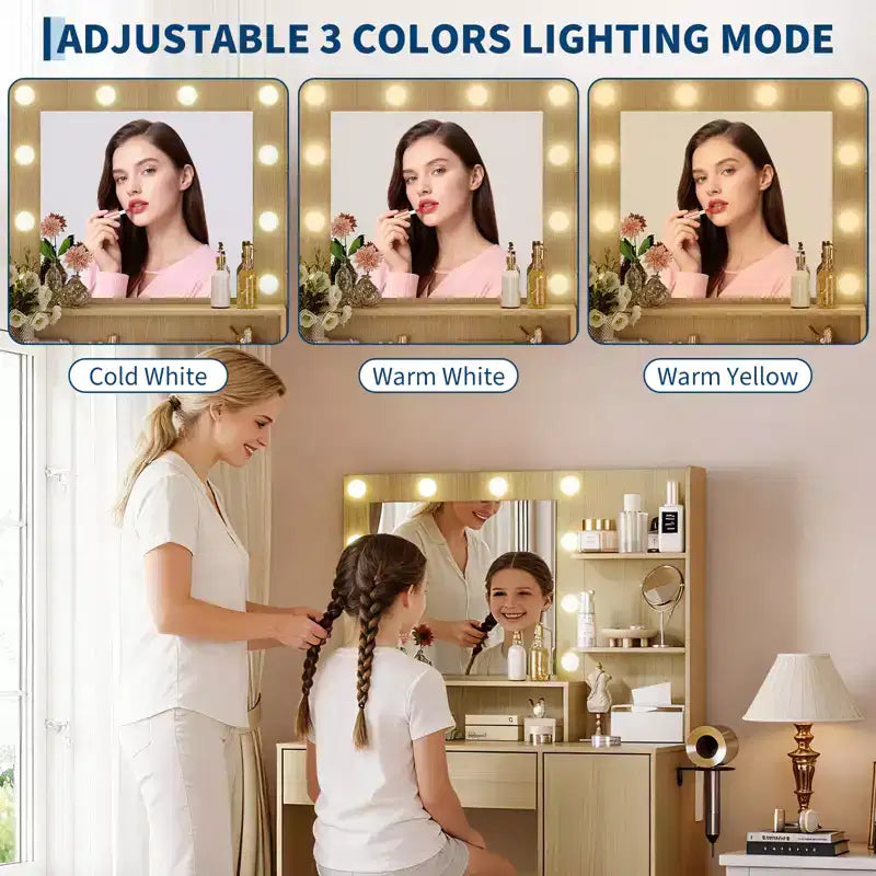 Toeletta da trucco con specchio HD e 10 lampadine a LED, stazione di ricarica, 3 modalità di illuminazione, supporto per asciugacapelli e sgabello imbottito per camera da letto