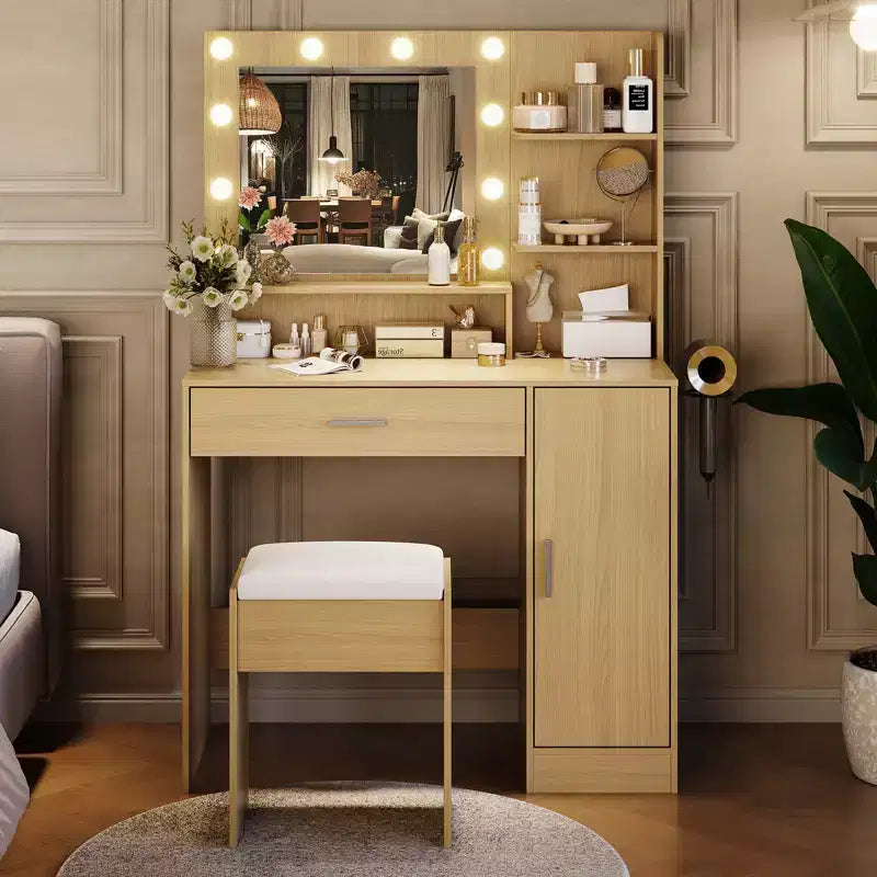 Toeletta da trucco con specchio HD e 10 lampadine a LED, stazione di ricarica, 3 modalità di illuminazione, supporto per asciugacapelli e sgabello imbottito per camera da letto