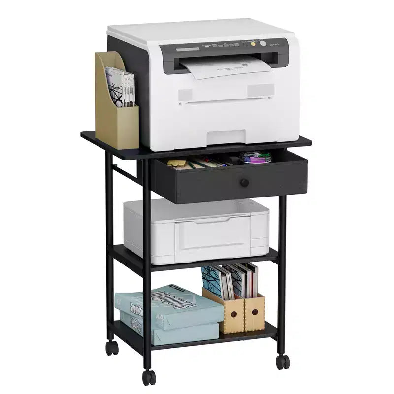 VASAGLE Printer Stand, Rolling Printer Cart, Mobile with Lockable Wheels, Steel Frame, 2 Storage Shelves Removable Drawer, 3-Tier, Ebony Black