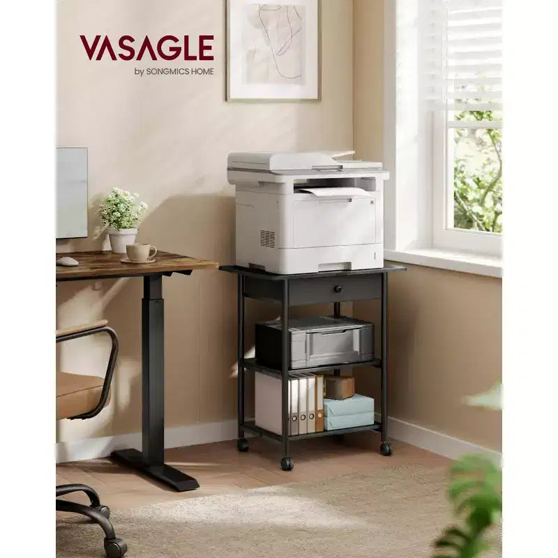 VASAGLE Supporto per Stampante, Carrello Porta Stampante, Mobile con Ruote Bloccabili, Struttura in Acciaio, 2 Ripiani di Stoccaggio, Cassetto Rimovibile, 3 Livelli, Nero Ebano
