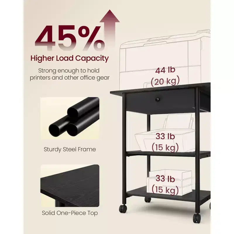 VASAGLE Supporto per Stampante, Carrello Porta Stampante, Mobile con Ruote Bloccabili, Struttura in Acciaio, 2 Ripiani di Stoccaggio, Cassetto Rimovibile, 3 Livelli, Nero Ebano