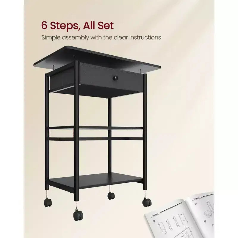 VASAGLE Supporto per Stampante, Carrello Porta Stampante, Mobile con Ruote Bloccabili, Struttura in Acciaio, 2 Ripiani di Stoccaggio, Cassetto Rimovibile, 3 Livelli, Nero Ebano
