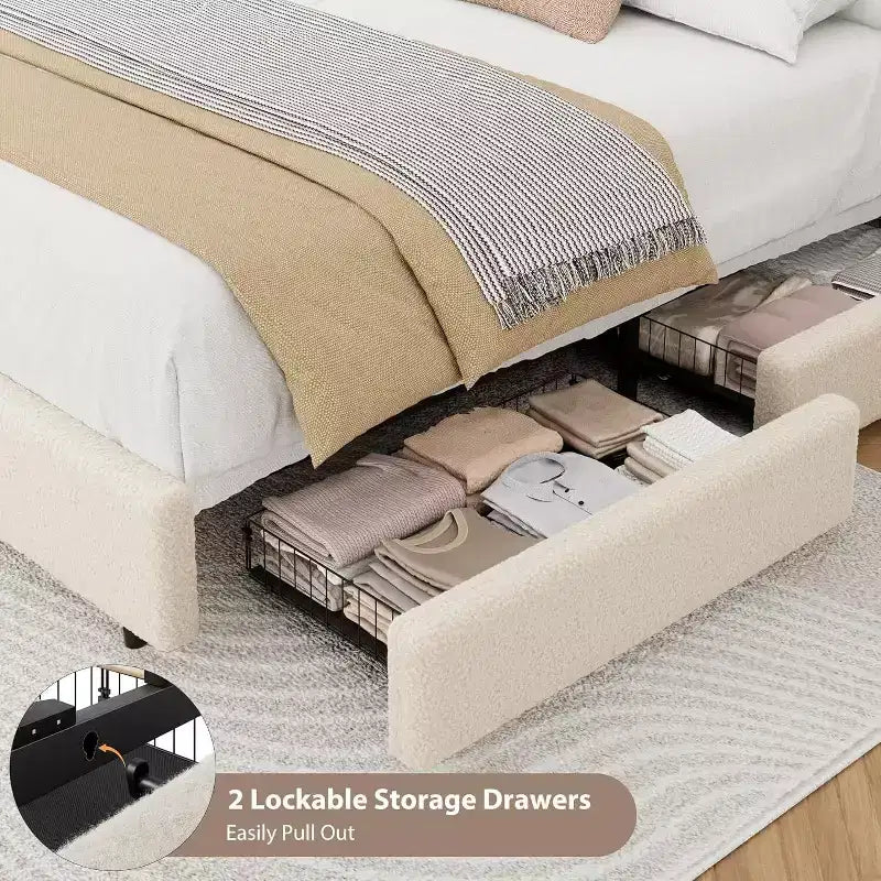 GuatoWave Struttura Letto con Piattaforma Rivestita in Morbido Pile Orsetto con 2 Cassetti Contenitori