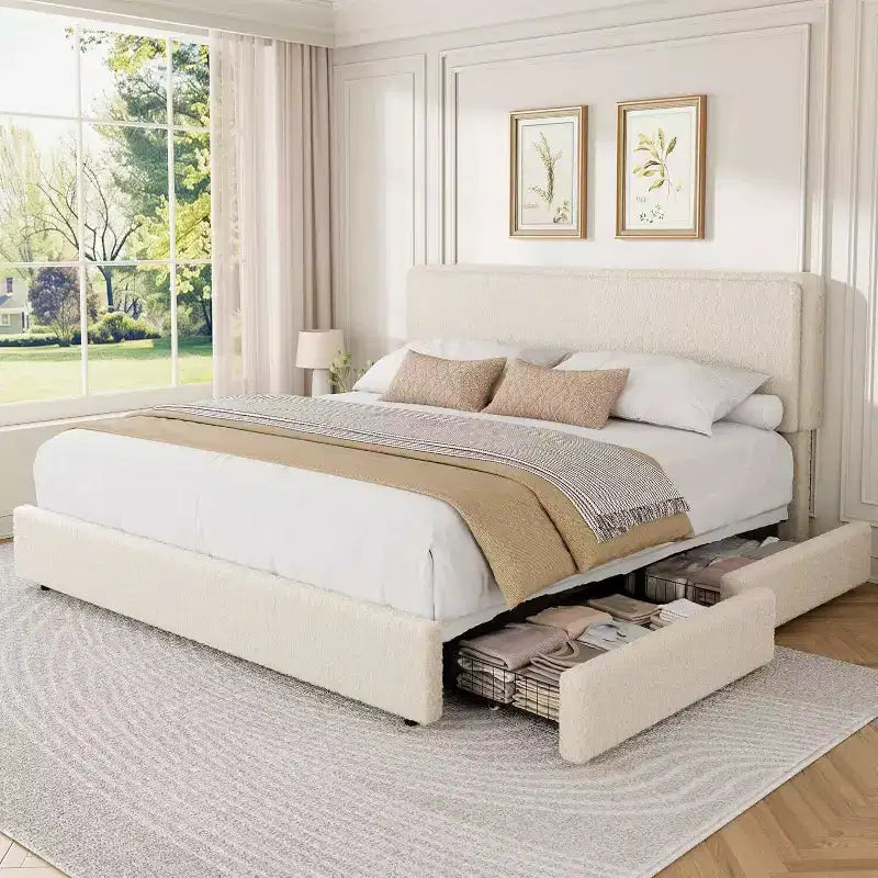 GuatoWave Struttura Letto con Piattaforma Rivestita in Morbido Pile Orsetto con 2 Cassetti Contenitori