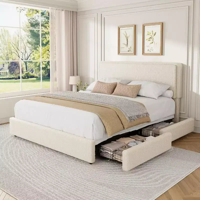 GuatoWave Struttura Letto con Piattaforma Rivestita in Morbido Pile Orsetto con 2 Cassetti Contenitori