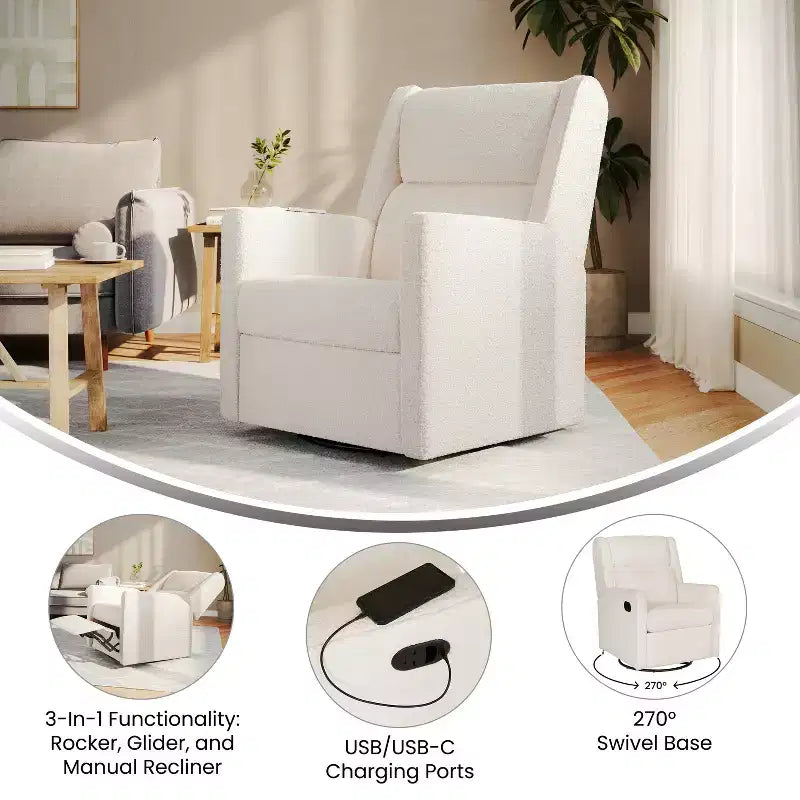 Poltrona reclinabile a dondolo girevole Emma and Oliver con porte di ricarica USB/USB-C, reclinabile manuale girevole a 270 gradi
