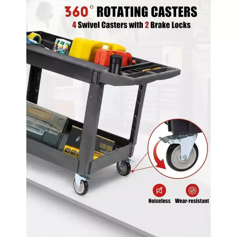 Carrello di servizio multiuso a 2 ripiani con ruote girevoli a 360° e freni, 250 kg, maniglia ergonomica per magazzino/garage/pulizie, 117*63,5 cm