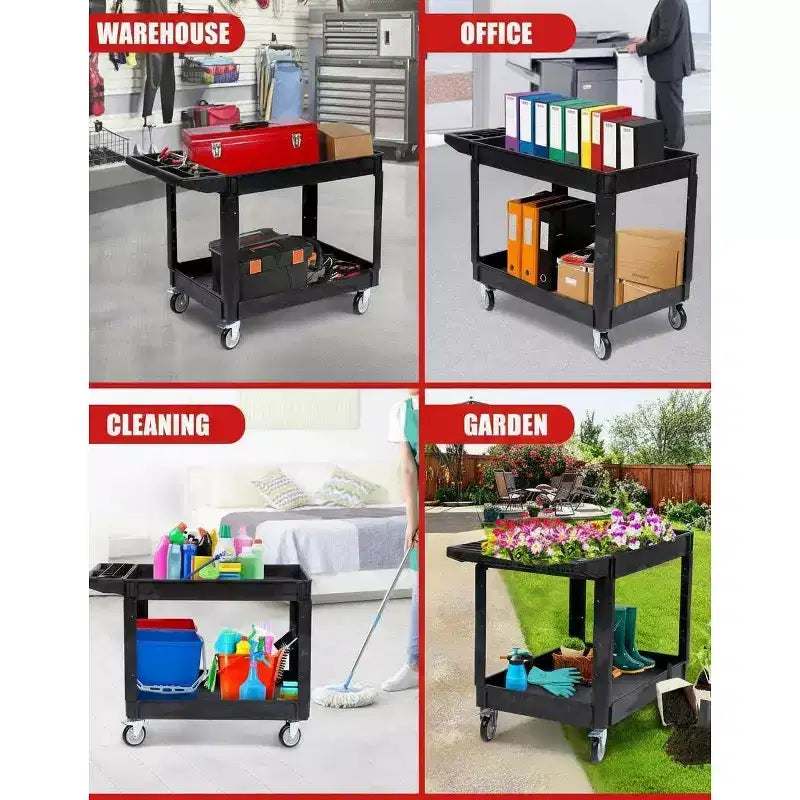 Carrello di servizio multiuso a 2 ripiani con ruote girevoli a 360° e freni, 250 kg, maniglia ergonomica per magazzino/garage/pulizie, 117*63,5 cm