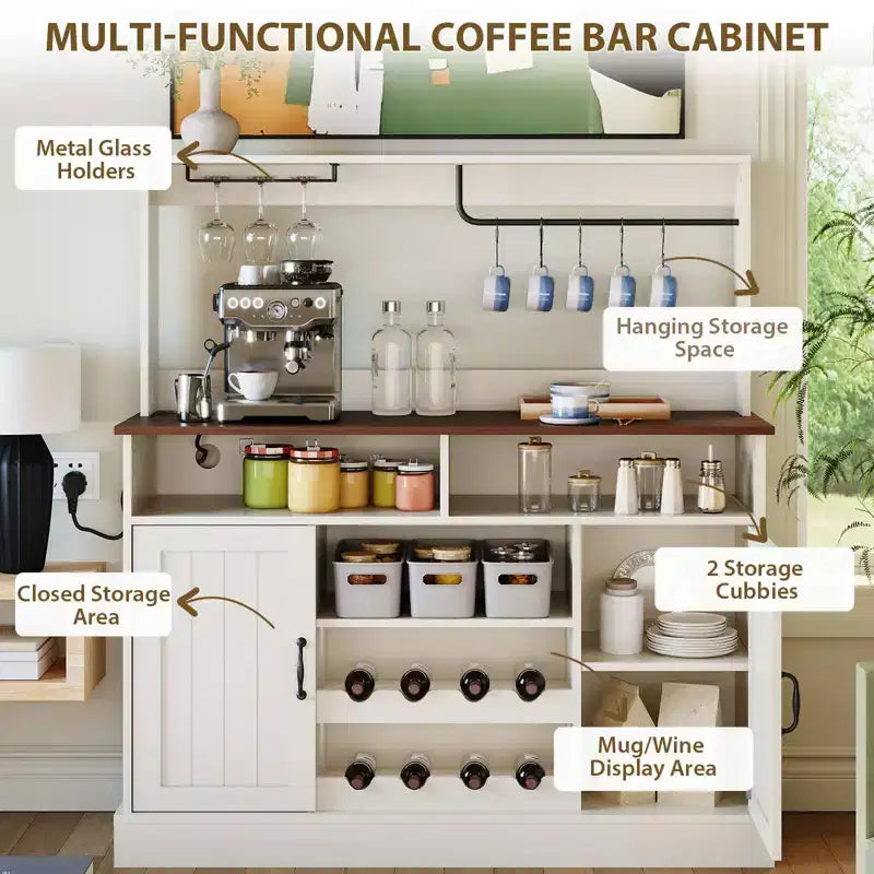 Credenza da caffè Farmhouse 47 con stazione di ricarica, grande credenza in legno con ripiano portaoggetti e portabottiglie per cucina e sala da pranzo
