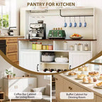 Credenza da caffè Farmhouse 47 con stazione di ricarica, grande credenza in legno con ripiano portaoggetti e portabottiglie per cucina e sala da pranzo
