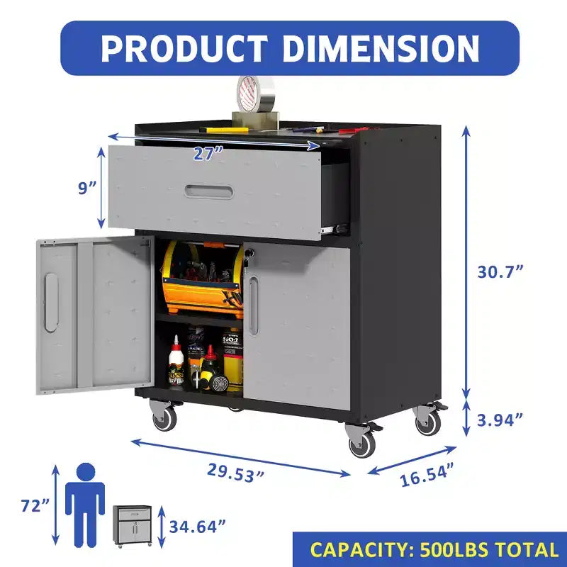 Armadietto portautensili in metallo per garage, armadio mobile portaoggetti per impieghi gravosi con ante con serratura, armadietto portautensili su ruote