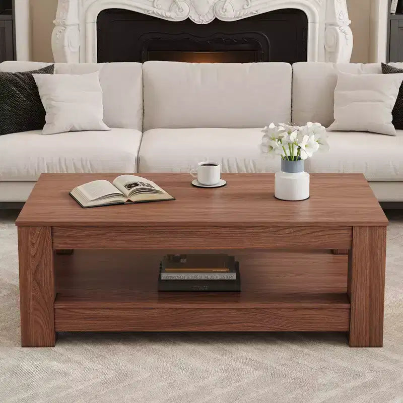 Tavolino da caffè a 2 ripiani in MDF color noce, Rettangolare in stile industriale, Finitura atossica, per Soggiorno, Camera da letto, Studio